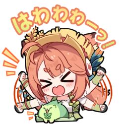  >_< 1girl animal_ears ann_(stella_sora) antenna_hair bonnet clenched_hands commentary dress fox_ears fox_girl long_hair low_twintails lowres official_art open_mouth orange_hair short_eyebrows simple_background solo stella_sora sticker_(medium) tantrum thick_eyebrows transparent_background twintails white_dress 