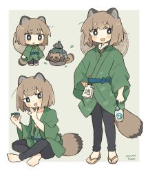  1girl :d animal_ears barefoot black_pants blush blush_stickers border brown_hair chibi choko_(cup) commentary_request cup dated full_body fumiko_(rubra_plumeria) gourd green_eyes green_kimono hat highres holding holding_cup indian_style japanese_clothes kimono leaf looking_at_viewer multiple_views open_mouth original pants raccoon_ears raccoon_tail rice_hat sandals short_hair sitting smile standing tail tanuki thick_eyebrows tokkuri white_border 