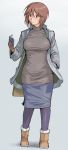  bag book boots breasts brown_eyes brown_hair casual coat gloves hand_in_pocket large_breasts pantyhose reading rozen_maiden rozenweapon short_hair skirt souseiseki taut_shirt 