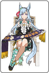  1girl animal_ears asuka_(junerabitts) asymmetrical_footwear asymmetrical_gloves asymmetrical_sleeves bare_shoulders black_dress black_gloves blue_hair braid breasts center_frills closed_mouth commentary_request crown_braid dress frills gloves horse_ears horse_girl horse_tail invisible_chair long_hair looking_at_viewer mejiro_ardan_(crystalline)_(umamusume) mejiro_ardan_(umamusume) mismatched_gloves off-shoulder_dress off_shoulder sitting smile solo tail umamusume uneven_footwear uneven_sleeves violet_eyes white_gloves 