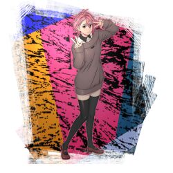  1girl artist_request black_thighhighs brown_eyes brown_shoes brown_sweater closed_mouth collared_shirt dandadan double_w dress full_body game_asset grand_summoners hair_between_eyes long_sleeves looking_at_viewer official_alternate_costume official_art pink_hair shiratori_aira_(dandadan) shirt shoes short_hair simple_background sleeves_past_wrists smile solo standing sweater sweater_dress thigh-highs third-party_source transparent_background w white_shirt 