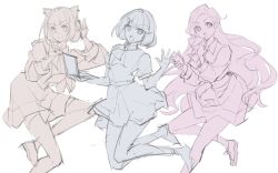  >:) 3girls :o animal_ear_headphones animal_ears azabu_mai blunt_bangs blunt_ends bob_cut cat_ear_headphones cat_ears closed_mouth collared_shirt fake_animal_ears headphones highres ikizulive!_love_live!_bluebird kidoku_machi_lovers konohana_aurora long_hair long_sleeves looking_at_viewer love_high_school_uniform love_live! miniskirt multiple_girls multiple_monochrome pleated_skirt ruoguiling sasaki_shion school_uniform shirt short_hair short_sleeves simple_background skirt smile unfinished v-shaped_eyebrows very_long_hair white_background 