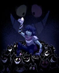  1other armor blue_skin cat colored_sclera colored_skin commentary deltarune egg english_commentary friend_(deltarune) grin heterochromia highres holding holding_egg horror_(theme) kris_(dark_world)_(deltarune) kris_(deltarune) pink_eyes pink_sclera pybst3r short_hair smile utdr_(toby_fox) yellow_eyes yellow_sclera 