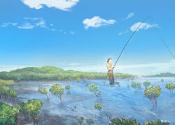  1boy absurdres black_hair blue_sky brown_pants chinese_commentary closed_mouth clouds commentary_request day fishing_rod from_side full_body highres holding holding_fishing_rod landscape mixed-language_commentary natsu_ao original outdoors pants plant ponytail profile scenery shirt shore short_hair short_sleeves sky wading water wetland white_shirt wide_shot 