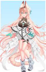  1girl absurdres ahoge animal_ears aphrissa_(arknights) arknights bare_legs bare_shoulders black_shirt black_shorts blue_background blue_gloves blush boots border breasts cat_ears cat_girl cat_tail commentary dress fingerless_gloves frilled_jacket frills gloves green_eyes hair_between_eyes hat highres jacket large_breasts long_hair open_mouth pentokay shirt shorts smile solo tail thigh_strap thighs very_long_hair white_boots white_border white_dress white_hat white_jacket 