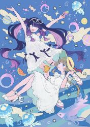  2girls ankle_bow ankleband arms_up blue_background bow candy chinese_commentary columbina_(genshin_impact) commentary_request cup disposable_cup dress eye_mask eyewear_on_head fish food fruit genshin_impact hair_bow happy hat highres holding holding_cup jellyfish long_sidelocks mask multicolored_hair multiple_girls purple_streaks sandrone_(genshin_impact) see-through_clothes see-through_mask shiro_chan46 shoes sidelocks streaked_hair sun_hat sundress sunglasses watermelon watermelon_slice white_bow white_dress white_hat white_mask white_shoes 