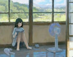 1girl animal barefoot black_hair black_shorts blush book cat closed_eyes closed_mouth commentary_request crew_neck day dot_mouth dot_nose electric_fan fjsmu forest full_body grey_cat grey_shirt highres holding holding_book indoors knees_up medium_hair nature on_floor open_book original shirt short_sleeves shorts sitting solo summer t-shirt window 