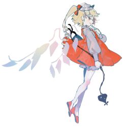 1girl blonde_hair bloomers blush bow finger_to_mouth flandre_scarlet from_side full_body hair_bow hat holding holding_weapon laevatein_(touhou) looking_at_viewer mob_cap red_bow red_eyes red_shoes red_skirt red_vest ryokotyu shirt shoes side_ponytail skirt solo touhou vest weapon white_background white_shirt wings 