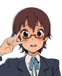  blush brown_hair circle_cut glasses inoue_kiyoshirou k-on! manabe_nodoka red-framed_glasses school_uniform semi-rimless_glasses short_hair solo under-rim_glasses v v_over_eye 