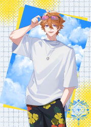  1boy black_pants blue_eyes commentary_request earrings eyewear_on_head genshin_impact highres hiki_yuichi jewelry male_focus necklace open_mouth orange_hair pants petal_print shirt short_hair simple_background smile solo tartaglia_(genshin_impact) white_shirt 