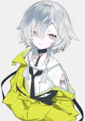  1girl barcode black_choker black_neckerchief choker collarbone commentary_request cropped_torso grey_background grey_hair hair_between_eyes half-closed_eyes jacket looking_at_viewer neckerchief original pursed_lips sailor_collar shiromiso short_hair simple_background single_off_shoulder solo upper_body white_sailor_collar 