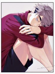  1boy absurdres arms_on_knees black_pants border closed_mouth from_side grey_background grey_hair haikyuu!! highres jacket knees_up looking_at_viewer looking_to_the_side male_focus miya_osamu nico_0 one_eye_closed pants red_jacket short_hair signature simple_background sitting solo track_jacket undercut white_border 