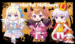  1boy 2girls :3 angel_wings animal anime_coloring ankle_bow anklet aqua_ribbon asako_(puiu9k) bare_shoulders bat_(animal) black_border black_bow black_dress black_gloves black_horns black_shoes black_wings blonde_hair blue_bow blue_bowtie blue_dress blue_eyes blue_ribbon bone boots border bow bowtie brooch brown_boots brown_hair buttons cape capelet castle chibi closed_mouth clothed_animal clothing_cutout collared_capelet commentary_request crown demon_costume demon_horns dot_nose double-breasted dress drop_shadow dual_persona english_text eyelashes fake_horns fake_wings footwear_bow frilled_sleeves frills fur-trimmed_cape fur_trim ghost gloves gradient_clothes gradient_dress hair_bow hair_ears half_gloves halloween halloween_costume hand_on_own_cheek hand_on_own_face hand_on_own_hip happy heart heart_brooch high_collar highres horns inukai_komugi jewelry juliet_sleeves king leg_bow light_blush long_hair long_sidelocks long_sleeves looking_at_viewer loose_hair_strand medium_dress mini_crown multicolored_hair multiple_girls nekoyashiki_yuki open_mouth orange_background orange_bow orange_bowtie outside_border outstretched_arms pants petticoat pink_bow pink_dress pink_eyes pink_ribbon pocket polka_dot polka_dot_background precure puffy_long_sleeves puffy_sleeves purple_ribbon rabbit red_cape red_crown red_eyes ribbon see-through_clothes see-through_sleeves shirt shoes short_hair shoulder_cutout sidelocks silk sleeve_ribbon sleeves_past_wrists smile spider_web streaked_hair striped_clothes striped_dress suit_pants three-quarter_sleeves toyama_daifuku toyama_daifuku_(civilian) toyama_daifuku_(rabbit) two-tone_bow two-tone_dress two-tone_ribbon two_side_up vertical-striped_clothes vertical-striped_dress very_long_hair vest waist_ribbon wavy_hair white_bow white_bowtie white_capelet white_crown white_hair white_pants white_shirt white_shoes white_wings wide_sleeves wings wonderful_precure! wrist_bow yellow_vest 