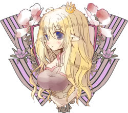  1girl acolyte_(ragnarok_online) blonde_hair blush breasts brown_shirt capelet closed_mouth commentary_request cross crown expressionless flower hanimitsu large_breasts long_hair looking_afar mini_crown pink_flower pointy_ears purple_flower ragnarok_online shirt solo upper_body violet_eyes white_background white_capelet 