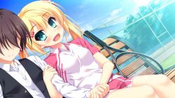  1boy 1girl black_vest blonde_hair bow brown_hair closed_mouth cupping_hand day dutch_angle faceless faceless_male forest game_asset grass green_eyes hair_bow head_tilt hinata_nao hoshimi_miku locked_arms long_sleeves looking_at_another miniskirt mountain nature non-web_source official_art on_bench open_mouth outdoors pants pink_skirt racket shirt short_sleeves side-by-side sitting skirt sky sportswear tennis_court tennis_racket tennis_uniform twintails two-tone_shirt vest white_shirt wire_fence yuuwaku_scramble 
