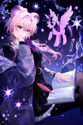  1girl absurdres adjusting_eyewear animal_ears arknights black_jacket book book_on_lap cardigan closed_mouth commentary glasses hair_between_eyes hairband hannhi_1005 highres jacket lin_(arknights) lin_(knowledge_and_magic)_(arknights) long_hair long_sleeves looking_at_viewer mouse_ears mouse_girl my_little_pony my_little_pony:_friendship_is_magic official_alternate_costume open_book pink_eyes pink_hair purple_cardigan purple_hairband solo twilight_sparkle winged_unicorn 