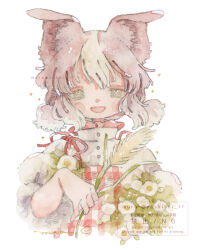 1girl animal_ears apron blush_stickers brown_hair buttons commentary_request cropped_torso dog_ears fang flower frills green_eyes high_collar highres holding_wheat multicolored_hair mura_(yoshishi_ff) open_mouth original painting_(medium) plaid_apron plaid_clothes puffy_sleeves red_apron red_ribbon ribbon shirt short_twintails smile solo tareme three-quarter_sleeves traditional_media twintails two-tone_hair watercolor_(medium) watermark white_background white_flower white_hair white_shirt 