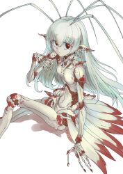  1girl antennae arthropod_girl arthropod_limbs breasts full_body grey_hair hair_between_eyes highres long_hair looking_at_viewer monster_girl original red_eyes simple_background sitting skinny slim_legs small_breasts solo vaison white_background 