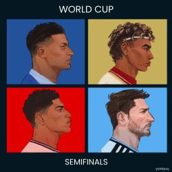 2026_fifa_world_cup 4boys artist_name beard black_border black_hair border brown_hair closed_mouth commentary dark-skinned_male dark_skin facial_hair highres jude_bellingham kylian_mbappe lamine_yamal lionel_messi male_focus multiple_boys profile real_life short_hair undercut world_cup yoinkyoyy 