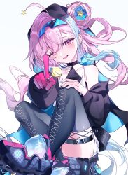  1girl ahoge arm_up armpits bare_shoulders belt black_choker black_thighhighs blue_jacket candy choker commentary_request crop_top crop_top_overhang fishnet_top fishnets food gloves goggles goggles_on_head hair_bun highres holding holding_candy holding_food holding_lollipop hood hooded_jacket jacket kumeyuyumi0621 legs_up lollipop long_hair long_sleeves looking_at_viewer midriff myuu_(shadowverse) navel on_floor one_eye_closed open_clothes open_jacket open_mouth pink_eyes pink_gloves pink_hair roller_skates shadowverse shadowverse:_worlds_beyond shirt shoes short_shorts shorts side_ponytail simple_background single_glove single_side_bun skates sleeveless sleeveless_shirt smile sneakers solo stomach thigh-highs very_long_hair white_background white_shirt white_shorts 