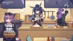  3girls :3 :q absurdres antenna_hair arknights bamboo_steamer bead_bracelet beads black_gloves black_hair black_jacket black_shirt blaze_(arknights) blaze_the_igniting_spark_(arknights) blue_eyes blush bowl box bracelet braid cardboard_box cleaning collared_shirt commentary cooking copyright_name cupboard demon_girl demon_horns dough dur-nar_(arknights) elbow_gloves english_commentary food gloves hair_ornament hibiscus_(arknights) hibiscus_the_purifier_(arknights) highres holding holding_box horns indoors jacket jewelry kitchen mabing meat multiple_girls official_alternate_costume official_art open_clothes open_jacket pointy_ears ponytail purple_hair second-party_source shirt single_glove smile steamed_bun stove tongue tongue_out violet_eyes wash_cloth white_shirt wok 