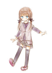  1girl amakaze_sora black_bow black_thighhighs blue_eyes blush bow brown_hair closed_mouth grey_jacket grey_skirt hair_bow jacket layered_sleeves long_hair long_sleeves low_twintails original pleated_skirt purple_shirt shirt shoes short_over_long_sleeves short_sleeves simple_background skirt solo thigh-highs twintails white_background white_shoes 