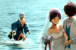  1girl 2boys blush bow bridal_veil brown_hair chanchanko_(clothes) collarbone commentary_request dress gegege_no_kitarou highres holding_hands jewelry kitarou loose_kimono medama_oyaji_(human) multiple_boys nekomusume nekomusume_(gegege_no_kitarou_6) ocean pectorals purple_hair ring short_hair silanduqiaocui suit veil wading waves wedding wedding_dress wedding_ring white_bow white_hair white_suit yellow_eyes 