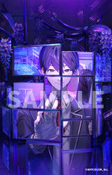  1boy akapii_(jun_0512) bandaged_hand bandages black_jacket closed_mouth collared_shirt commentary copyright_name copyright_notice flower green_eyes jacket kenmochi_touya kenmochi_touya_(1st_costume) long_sleeves looking_at_viewer male_focus monitor nijisanji official_art omamori open_hand purple_hair purple_theme reaching reaching_towards_viewer sample_watermark school_uniform shirt short_hair smile solo sweater_vest untranslatable_commentary virtual_youtuber watermark weapon_bag white_shirt wisteria 