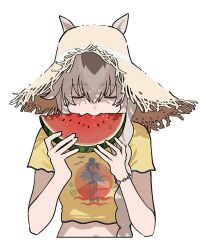  1girl animal_ears closed_eyes commentary_request ears_through_headwear eating food fruit grey_hair hair_between_eyes hat highres holding holding_food holding_fruit horse_ears horse_girl long_hair midriff multicolored_hair oguri_cap_(umamusume) oromnt shirt short_sleeves simple_background solo straw_hat sun_hat umamusume upper_body watermelon watermelon_slice white_background yellow_shirt 