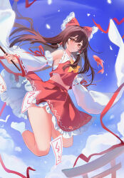  1girl absurdres ascot baige_chen blue_sky bow breasts brown_eyes brown_hair chest_sarashi chinese_commentary clouds commentary_request day detached_sleeves fish floating frilled_bow frilled_hair_tubes frilled_skirt frills goldfish hair_bow hair_tubes hakurei_reimu highres long_hair ofuda outdoors red_bow red_skirt ribbon-trimmed_sleeves ribbon_trim sarashi skirt skirt_set sky small_breasts socks solo torii touhou white_socks yellow_ascot 