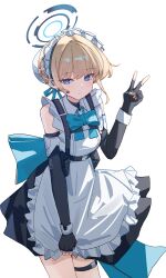  1girl absurdres apron apron_tug back_bow belt_pouch black_gloves black_skirt blonde_hair blue_archive blue_bow blue_bowtie blue_eyes blue_halo bow bowtie braid breasts bun_cover closed_mouth commission cowboy_shot earpiece elbow_gloves fingerless_gloves frilled_apron frills gloves hair_bun hair_intakes hair_ribbon half_up_braid halo hand_up highres looking_at_viewer maid maid_apron maid_headdress medium_breasts mihuashi_commission olee_(mihuashi_8868240) pouch ribbon short_hair simple_background single_hair_bun skirt solo thigh_strap toki_(blue_archive) undershirt v white_apron white_background 