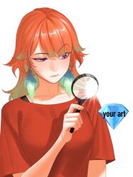  1boy 1girl arichuu_u breasts closed_mouth collarbone diamond_(shape) earrings feather_earrings feathers gem gem_alert_magnifying_glass_(meme) highres holding holding_magnifying_glass hololive hololive_english jewelry large_breasts long_hair magnifying_glass meme orange_hair pink_eyes raised_eyebrow red_shirt shirt short_sleeves simple_background solo t-shirt takanashi_kiara virtual_youtuber white_background 