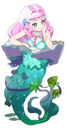  1girl :| beads blue_eyes blue_shirt bracelet breasts closed_mouth commentary_request crab crop_top frilled_shirt frills full_body hair_beads hair_intakes hair_ornament hand_on_own_cheek hand_on_own_face jewelry kururun_(precure) laura_la_mer_(mermaid) long_hair merfolk mermaid midriff monster_girl moudoku_(decopon3rd) partially_submerged pink_hair precure seal_(animal) shirt small_breasts starfish tropical-rouge!_precure underwater white_background 