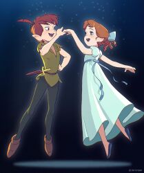  1boy 1girl bow brown_hair commentary_request disney dress duplicate green_hat hair_bow hat hat_feather highres kumao_(uexxww) open_mouth pantyhose peter_pan_(disney) pointy_ears shirt shoes short_hair short_sleeves sleepwear smile tunic walt_disney's_peter_pan wendy_darling 
