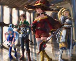  1boy 3girls aqua_(konosuba) armor armored_boots asymmetrical_legwear bandaged_leg bandages belt black_cape black_gloves black_pants black_thighhighs blonde_hair blue_boots blue_eyes blue_hair blue_shirt blue_skirt boots breastplate brown_boots brown_hair cape chomusuke closed_mouth commentary_request darkness_(konosuba) dress fingerless_gloves foreshortening full_body gloves green_cape hair_ornament hair_rings hat helmet high_ponytail highres holding holding_staff indoors kono_subarashii_sekai_ni_shukufuku_wo! leaning_forward long_hair long_sleeves mage_staff megumin mismatched_legwear multiple_girls nobukingu off-shoulder_dress off_shoulder open_mouth pants planted planted_sword ponytail red_dress red_eyes satou_kazuma scar scar_on_cheek scar_on_face shirt short_dress short_hair shoulder_armor single_hair_ring single_thighhigh skirt sleeveless sleeveless_shirt sphere_hair_ornament staff standing sword thigh-highs thigh_boots weapon white_shirt white_thighhighs witch_hat x_hair_ornament yellow_boots 