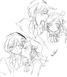  ! 2girls 6th_live_dream_~bloom_garden_party~ :o arrow_(symbol) beret bow bowtie ceras_yanagida_lilienfeld closed_eyes closed_mouth commentary_request edel_note greyscale hair_ornament hat highres jellyfish_cut katsuragi_izumi kiss kissing_cheek long_hair love_live! love_live!_hasu_no_sora_jogakuin_school_idol_club miyake_miu monochrome multiple_girls multiple_views necktie panda_no_gohan shindou_amane simple_background smile spoken_exclamation_mark theater_ikizama triangle_hair_ornament virtual_youtuber voice_actor_connection white_background yuri 
