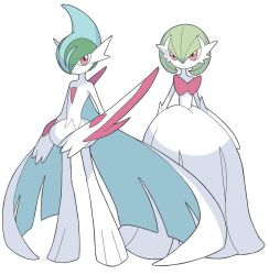  1boy 1girl arm_blade bob_cut cape dress elbow_gloves gallade gardevoir gloves green_hair highres mega_gallade mega_gardevoir mega_pokemon pink_eyes pirmarinas pokemon pokemon_(creature) simple_background weapon white_background white_cape white_dress white_gloves 