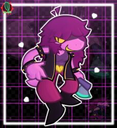  1girl 2026 2d ahoge anthro armlet artist_logo artist_name axe black_armlet black_background black_boots black_bracelet black_jacket blurry blurry_background boots bracelet breasts checkered_background claws colored_sclera colored_skin colored_teeth commentary deltarune digital_media english_commentary female female_only fewer_digits from_side full_body grid_background grin hair_over_eyes heart holding holding_axe holding_weapon inset_border jacket lizard lizard_girl long_hair monster monster_girl outline pants pink_hair pink_skin pixel_art_inset purple_pants reptile reptile_girl reptile_tail scalie sharp_teeth skwarixx sleeveless sleeveless_jacket slit_pupils snout solo spiked_armlet spiked_bracelet standing susie_(dark_world)_(deltarune) susie_(deltarune) tail teeth utdr_(toby_fox) weapon white_outline yellow_sclera yellow_teeth zoom_layer 