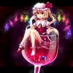  blonde_hair cup flandre_scarlet food fruit girl_in_a_cup glass hat heart in_container in_cup mame_niko niko_(mame-niko) red_eyes short_hair side_ponytail single_shoe socks strawberry touhou wine wine_glass wings 