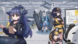  3girls absurdres animal_ear_fluff animal_ear_piercing animal_ears arknights asymmetrical_gloves black_boots black_cape black_gloves black_jacket blacksteel_worldwide_logo blue_eyes blue_hair blue_streaks blush boots bracelet breasts cape cat_ears cat_girl cat_tail clipboard commentary concrete construction construction_site dress elbow_gloves english_commentary eunectes_(arknights) fingerless_gloves frown gloves goggles goggles_on_head green_eyes grey_hair grey_shirt hair_ornament hand_on_own_chin headset highres holding holding_clipboard implied_extra_ears indoors infection_monitor_(arknights) jacket jessica_(arknights) jessica_the_liberated_(arknights) jewelry lancet-2_(arknights) long_hair mabing multicolored_hair multiple_girls official_alternate_costume official_art open_clothes open_jacket pointy_ears ponytail purple_streaks rosmontis_(arknights) second-party_source shirt short_hair small_breasts snake_girl snake_tail standing streaked_hair tail thinking two-sided_cape two-sided_fabric very_long_hair white_dress whiteboard 