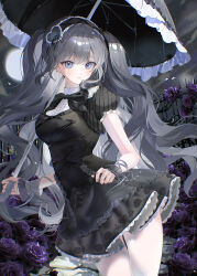  1girl absurdres black_bow black_bowtie black_dress black_hat black_sky black_umbrella bonnet bow bowtie breasts closed_mouth collared_dress commentary commission cowboy_shot doa_(xmxa8422) dress expressionless eyelashes fence floral_print flower frilled_dress frilled_sleeves frilled_umbrella frills full_moon gothic_lolita grey_eyes grey_hair hat highres holding holding_umbrella iron_fence large_breasts lolita_fashion long_hair looking_at_viewer looking_to_the_side moon night original outdoors print_dress purple_flower purple_rose rose rose_print short_sleeves sky solo standing turning_head two_side_up umbrella untranslatable_commentary very_long_hair wavy_hair 