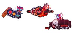  3boys boost_buckle build_driver chibi commentary compound_eyes core_medal english_commentary in-franchise_crossover kamen_rider kamen_rider_build kamen_rider_build_(series) kamen_rider_geats kamen_rider_geats_(series) kamen_rider_ooo kamen_rider_ooo_(series) keru_(keru_chii) looking_at_viewer magnum_buckle multiple_boys notice_lines ooo_driver raise_buckle rider_belt simple_background tokusatsu white_background 