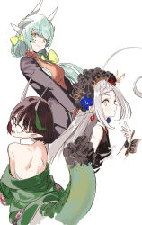  3girls ahoge aqua_hair biscione_(fate) black_hair bob_cut bow chaldea_staff_uniform commentary_request dragon_horns dragon_tail earrings fate/grand_order fate_(series) from_behind glasses green_jacket grey_hair highres horns huge_ahoge jacket jewelry kiyohime_(fate) long_hair multiple_girls pako_(pakosun) persephone_(fate) pointy_ears red_eyes smile tail white_background yellow_bow yellow_eyes 