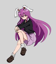  1girl animal_ears avian_zebra black_jacket blazer blush breasts bright_pupils brown_shoes buttons commentary dot_nose full_body grey_background hands_on_own_knee highres jacket knee_up loafers long_hair long_sleeves looking_at_viewer necktie pink_skirt pleated_skirt pocket purple_hair rabbit_ears rabbit_girl rabbit_tail red_eyes red_necktie reisen_udongein_inaba shirt shoes simple_background skirt socks solo tail touhou very_long_hair white_pupils white_shirt white_socks 