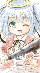  1girl absurdres black_ribbon blazer blood blood_on_weapon blue_eyes blue_hair bokusatsu_tenshi_dokuro-chan busujima_tetoro choppy_bangs club_(weapon) collared_shirt commentary_request dot_nose dress_shirt excalibolg grey_skirt hair_ribbon halo highres holding holding_club holding_weapon jacket looking_at_viewer medium_hair mitsukai_dokuro one_eye_closed open_mouth pleated_skirt red_jacket ribbon school_uniform shirt skirt solo spiked_club straight-on two_side_up weapon white_shirt wing_collar yellow_halo 