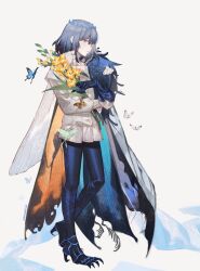  1boy arthropod_boy black_hair blue_eyes bug butterfly butterfly_wings citrusarjun crown diamond_hairband dragonfly_wings fate/grand_order fate_(series) full_body highres insect_wings long_sleeves looking_at_viewer male_focus medium_hair oberon_(fate) oberon_(third_ascension)_(fate) shirt solo wing_cape wings 