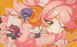 1boy 1other 2girls :3 :d ^_^ absurdres animal_ears bell blue_skin chibi chibi_inset closed_eyes colored_skin colored_teeth commentary crossdressing crossdressing_(mtf) deltarune double_gyaru_v goat_boy goat_ears green-framed_eyewear green_eyes gyaru_v hair_bell hair_ornament hair_over_eyes heart heart_necklace highres holding horns jewelry kris_(school_uniform)_(deltarune) mad_mew_mew mokothetako multiple_girls necklace one_eye_closed outline pants pink_hair plaid_clothes plaid_pants plaid_skirt pointing ralsei_(school_uniform) reptile_girl round_eyewear school_uniform sharp_teeth skirt smile solo_focus susie_(school_uniform)_(deltarune) teeth the_fun_gang utdr_(toby_fox) v white_outline yellow_background yellow_teeth 