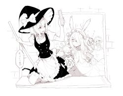  4girls alternate_costume anger_vein angry animal_ears apron arknights back_bow beret book bow braid chargepro chinese_commentary commentary_request cosplay crescent crescent_hat_ornament crownslayer_(arknights) dragon_girl dragon_tail dress enmaided frostnova_(arknights) greyscale hair_bow hair_over_one_eye hat hat_bow hat_ornament highres hong_meiling hong_meiling_(cosplay) izayoi_sakuya izayoi_sakuya_(cosplay) kirisame_marisa kirisame_marisa_(cosplay) long_hair long_sleeves maid maid_headdress mob_cap monochrome multiple_girls open_mouth patchouli_knowledge patchouli_knowledge_(cosplay) puffy_short_sleeves puffy_sleeves rabbit_ears rabbit_girl short_sleeves skirt sleeping smile speech_bubble tail talulah_(arknights) touhou translation_request twin_braids vest w_(arknights) waist_apron witch_hat zzz 