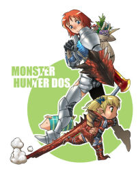  2girls adventurer_(ff11) armor bad_id blonde_hair blue_armor blue_eyes bone commentary_request copyright_name dated_commentary dust_cloud final_fantasy final_fantasy_xi monster_hunter_(character) monster_hunter_(series) monster_hunter_2 multiple_girls mushroom outline pig pointy_ears poogie rathalos_(armor) red_armor red_hair running sack scale_armor shield short_hair sword sword_on_back tarutaru tomotsuka_haruomi weapon weapon_on_back white_outline 