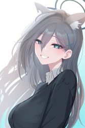  1girl absurdres ahoge alternate_costume animal_ear_fluff animal_ears aoi_riko aqua_eyes backlighting black_cardigan black_halo blue_archive blush breasts bright_pupils cardigan collared_shirt colored_eyelashes cross_hair_ornament day extra_ears eyelashes eyes_visible_through_hair floating_hair grey_hair hair_behind_ear hair_between_eyes hair_intakes hair_ornament halo happy highres huge_ahoge large_breasts long_hair looking_at_viewer looking_to_the_side mismatched_pupils outdoors playable_character_celebration shiroko_terror_(blue_archive) shirt slit_pupils smile solo textless_version tsurime upper_body very_long_hair white_pupils white_shirt wolf_ears wolf_girl 